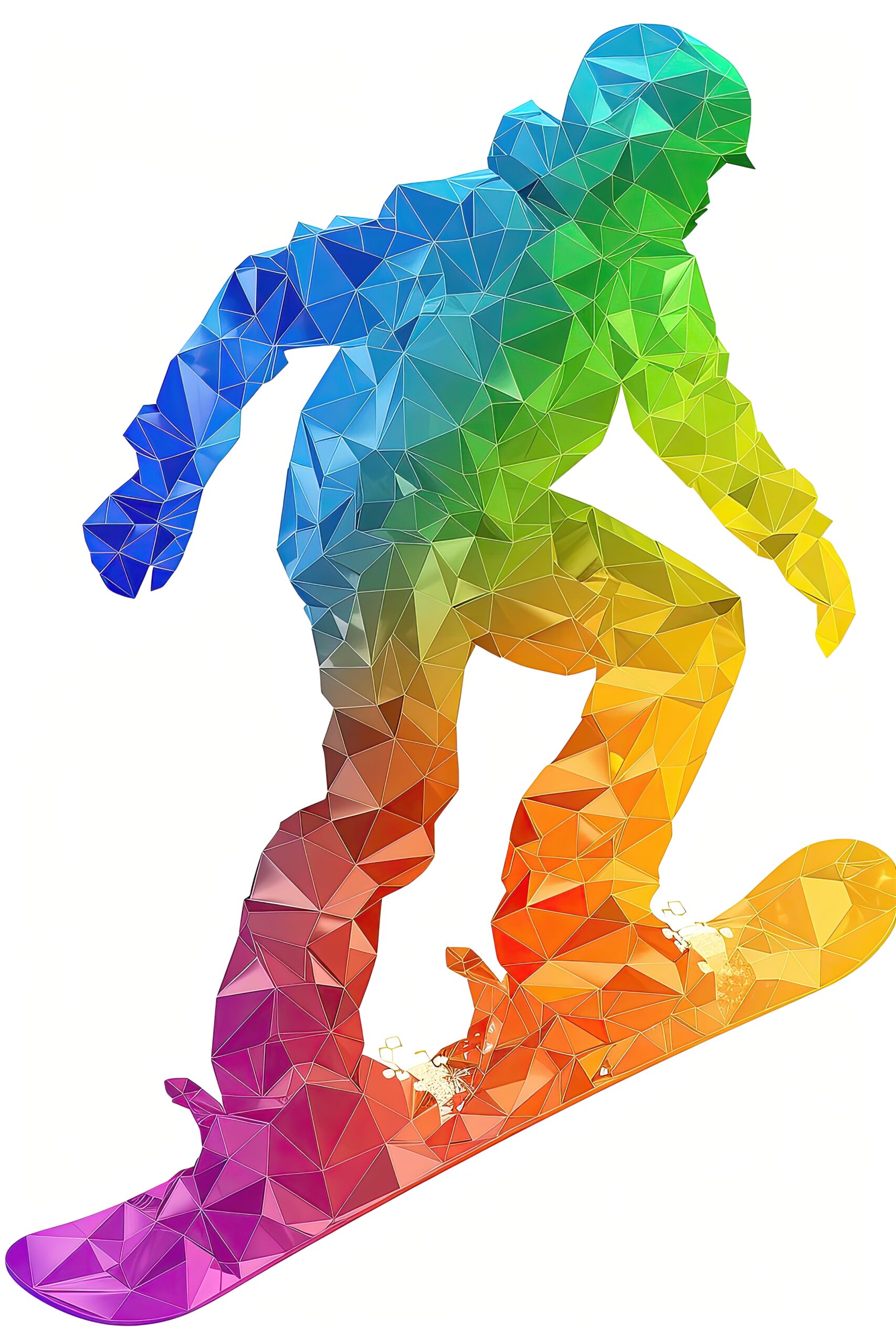 A snowboarder is shown in a rainbow of colors, with a snowboard in the foreground. The image is a colorful and vibrant representation of the sport of snowboarding