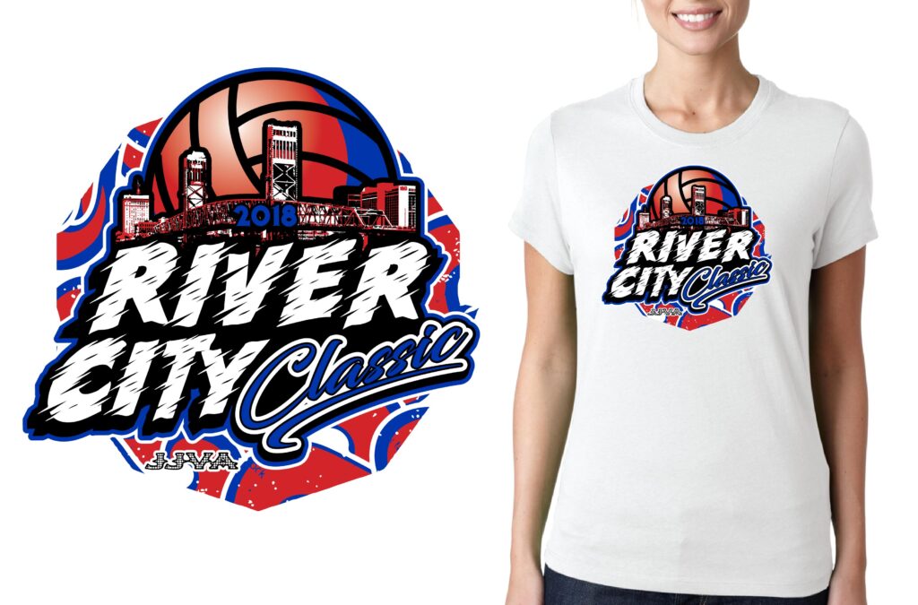 River City Classic Volleyball Event: A Bold and Dynamic Vector Logo Design in Red, Royal Blue, Black, and White