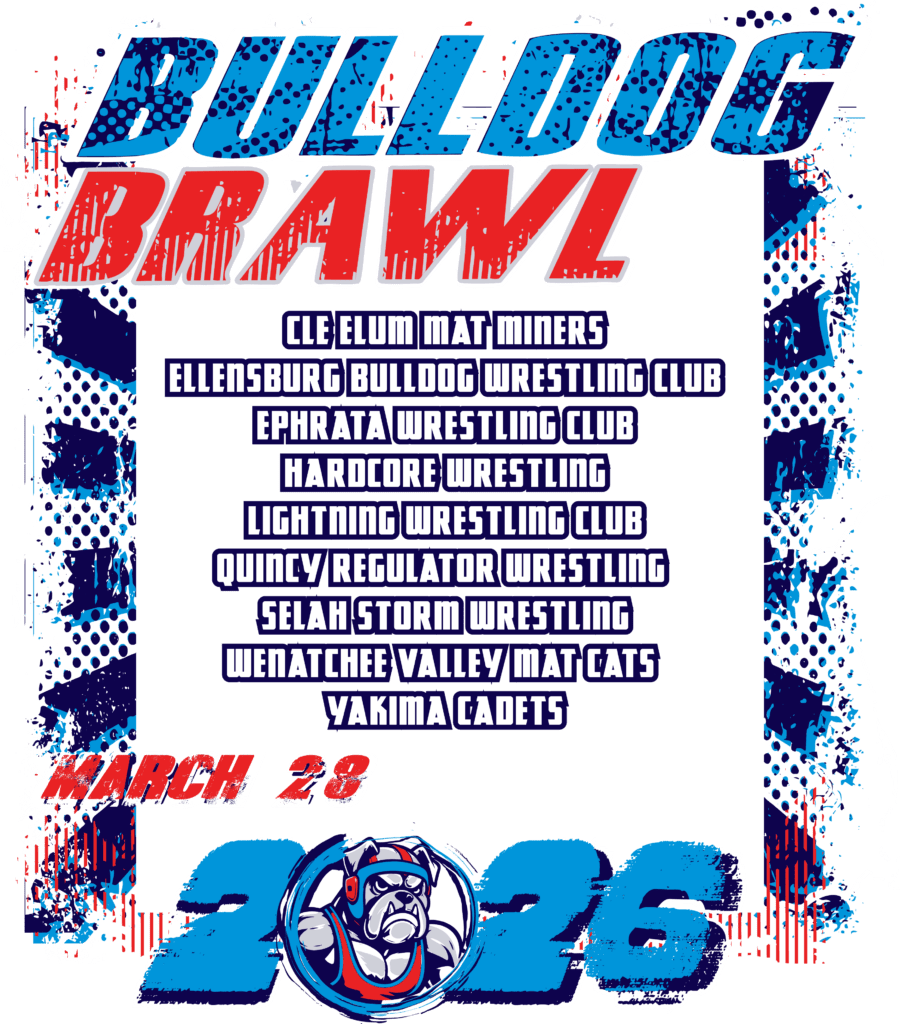 wrestling bulldog brawl 2026 design for back of t-shirt with team names Ellensburg vector logo design to match front logo design