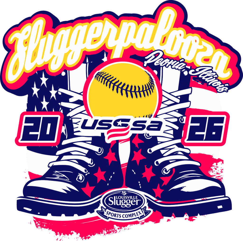 Sluggerpalooza softball event vector logo design for t-shirt