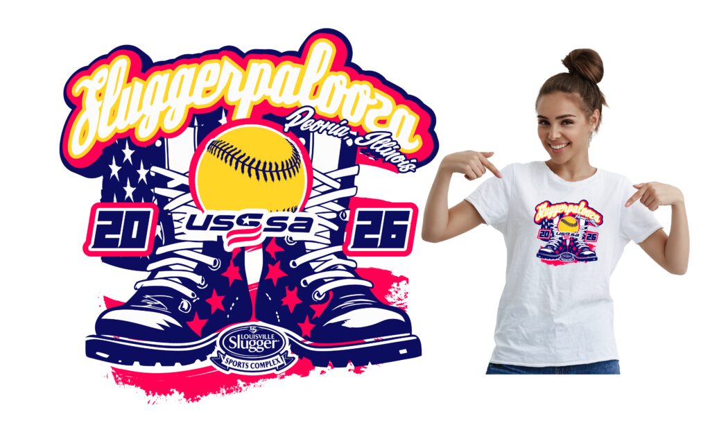 Sluggerpalooza softball event vector logo design for t-shirt