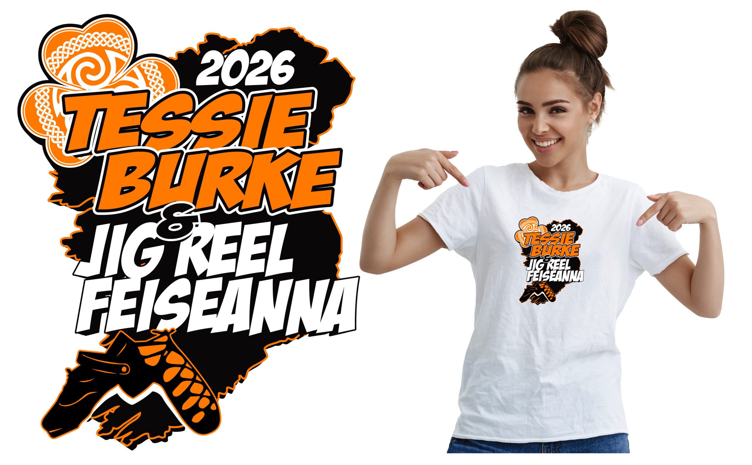 Bold Steps, Bright Traditions: The Vibrant 2026 Tessie Burke & Jig Reel Feiseanna Logo That Shines in Orange, Black & White